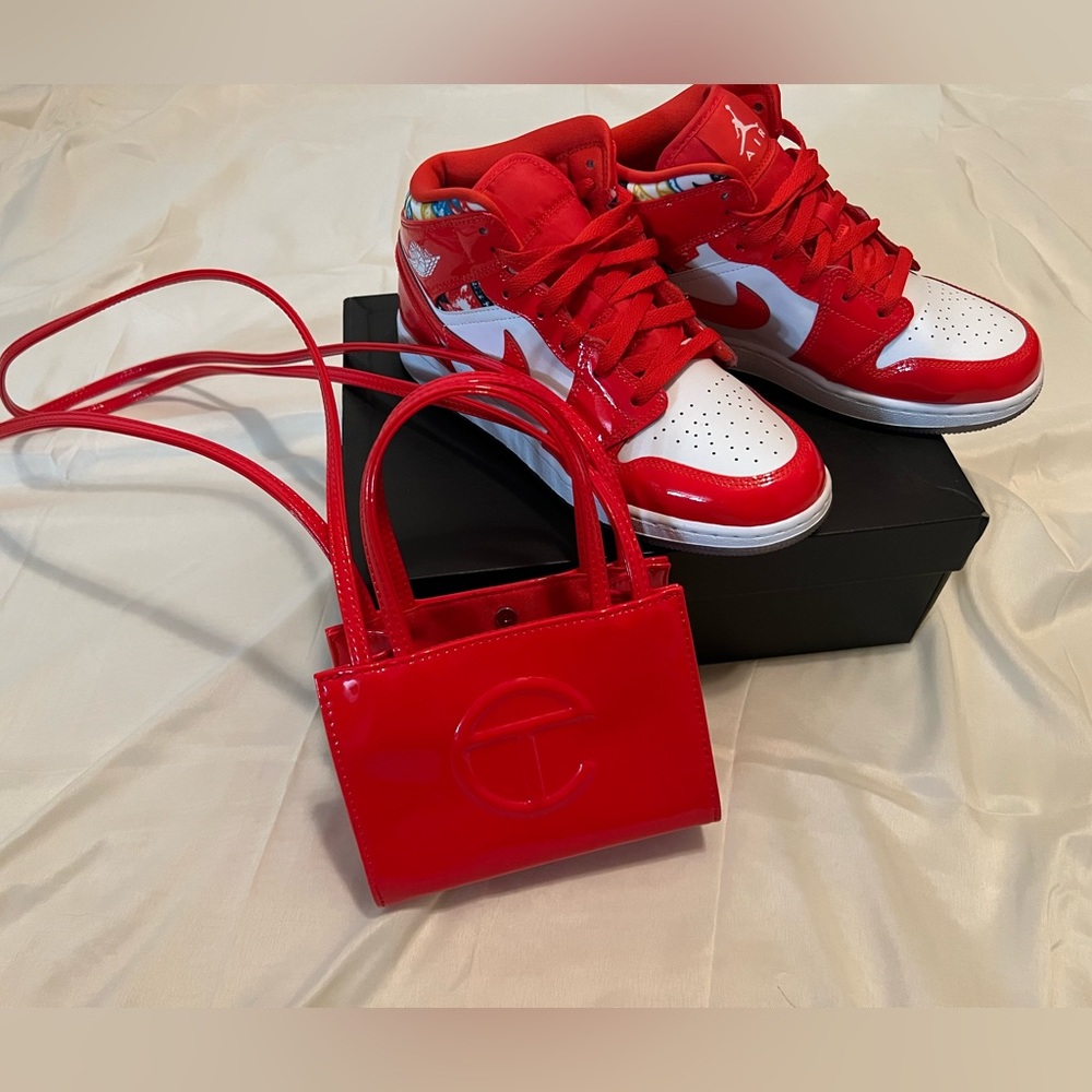 Jordan 1 size 6.5 boys (size 8 women’s) & Patent Red Telfar bag